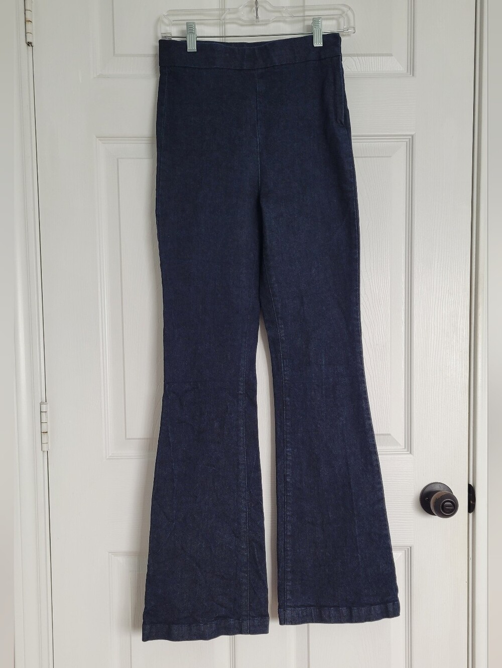 Express Super High Rise Flare Jeans In Dark Blue